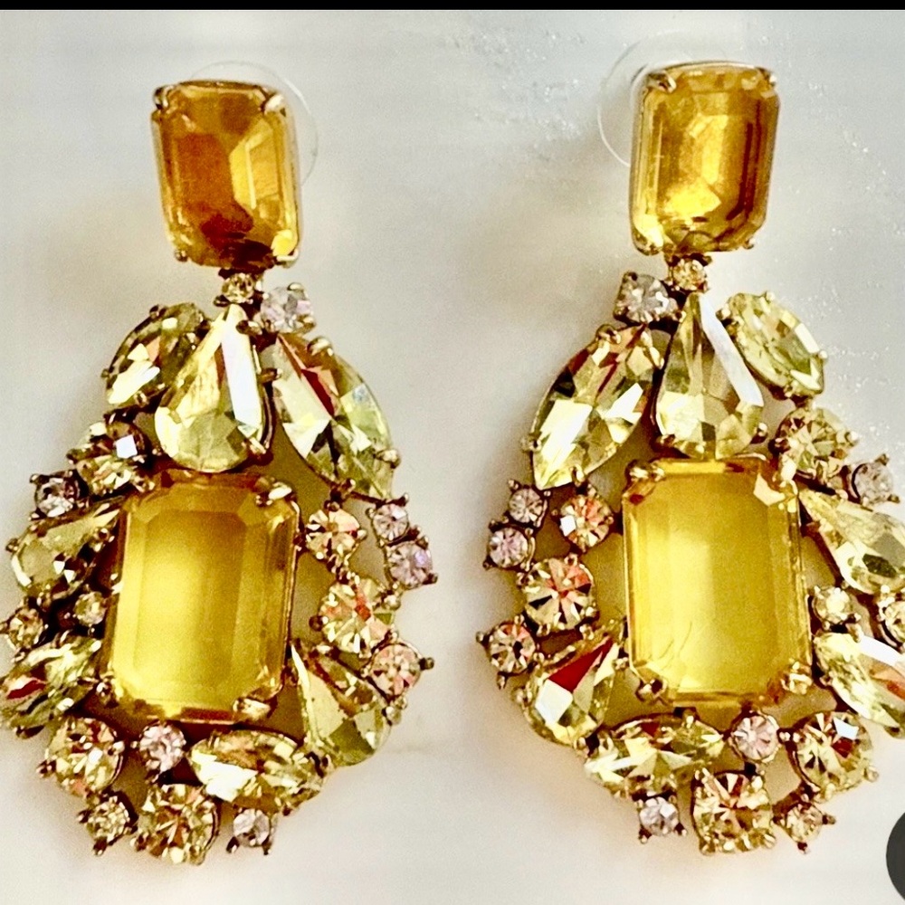 J. Crew yellow Crystal maximalist Earrings Marquis Gold Chandelier drop earrings